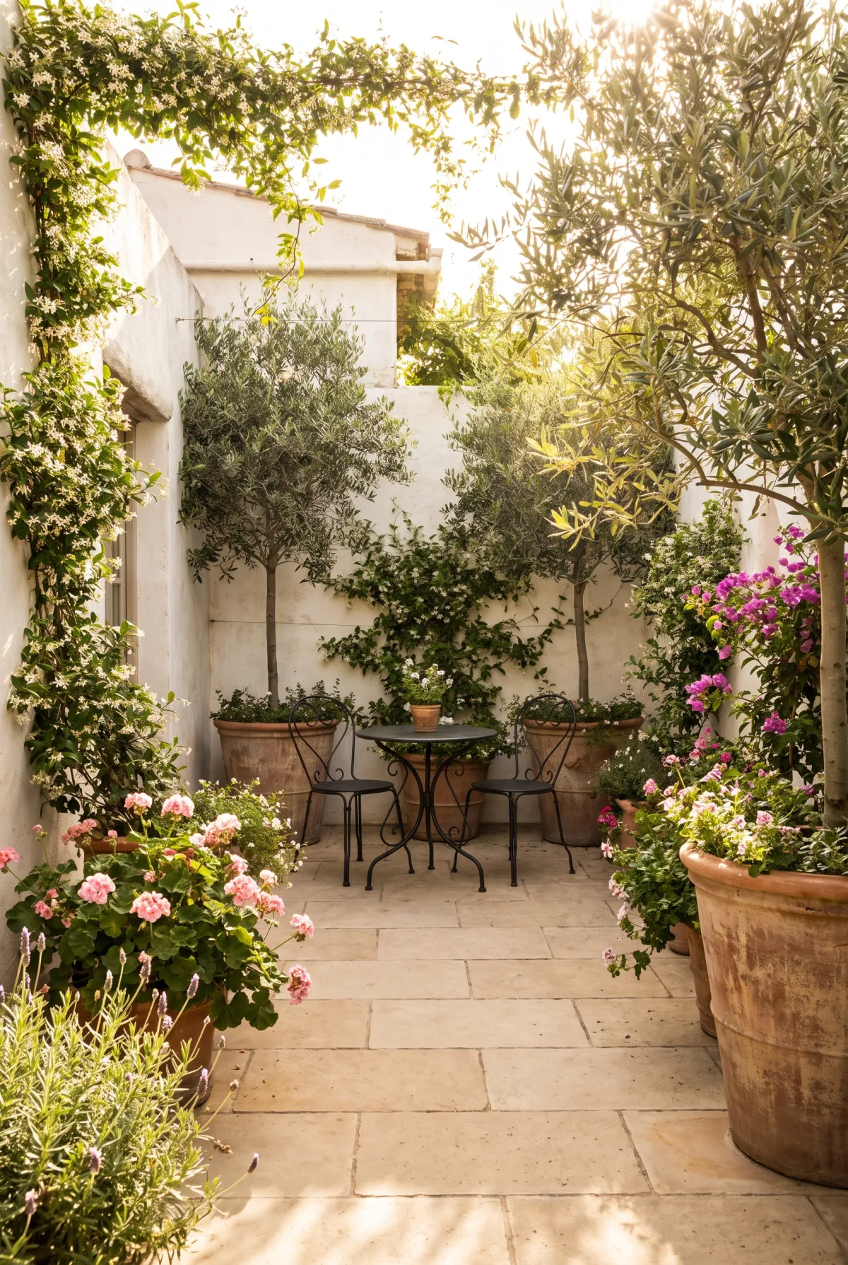 Small courtyard paver patio with a bistro table and potted plants