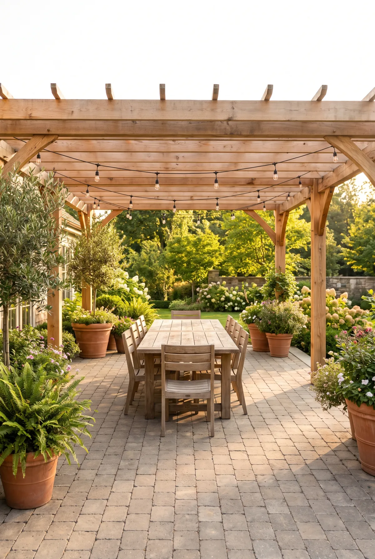 Paver dining terrace with a long outdoor table under a pergola