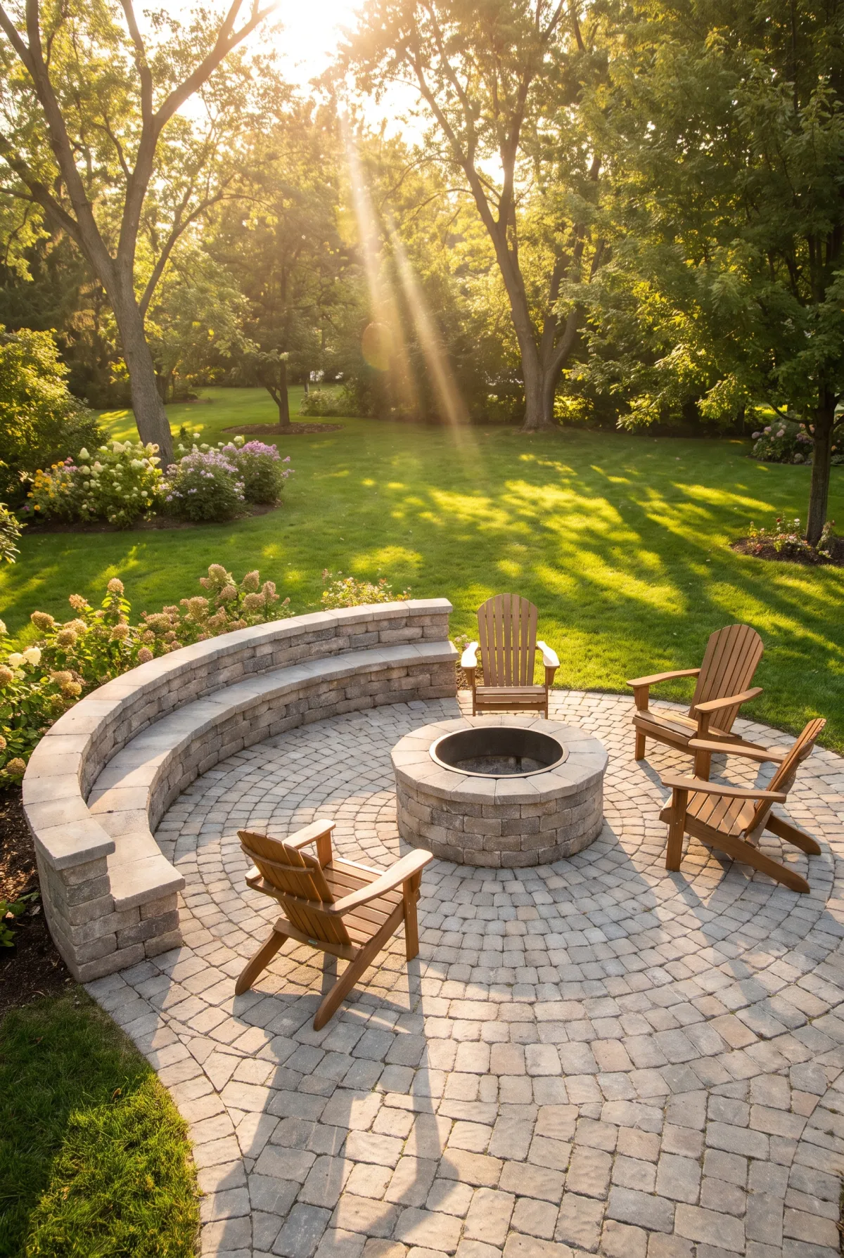 Round paver patio with a stone fire pit and curved seat wall