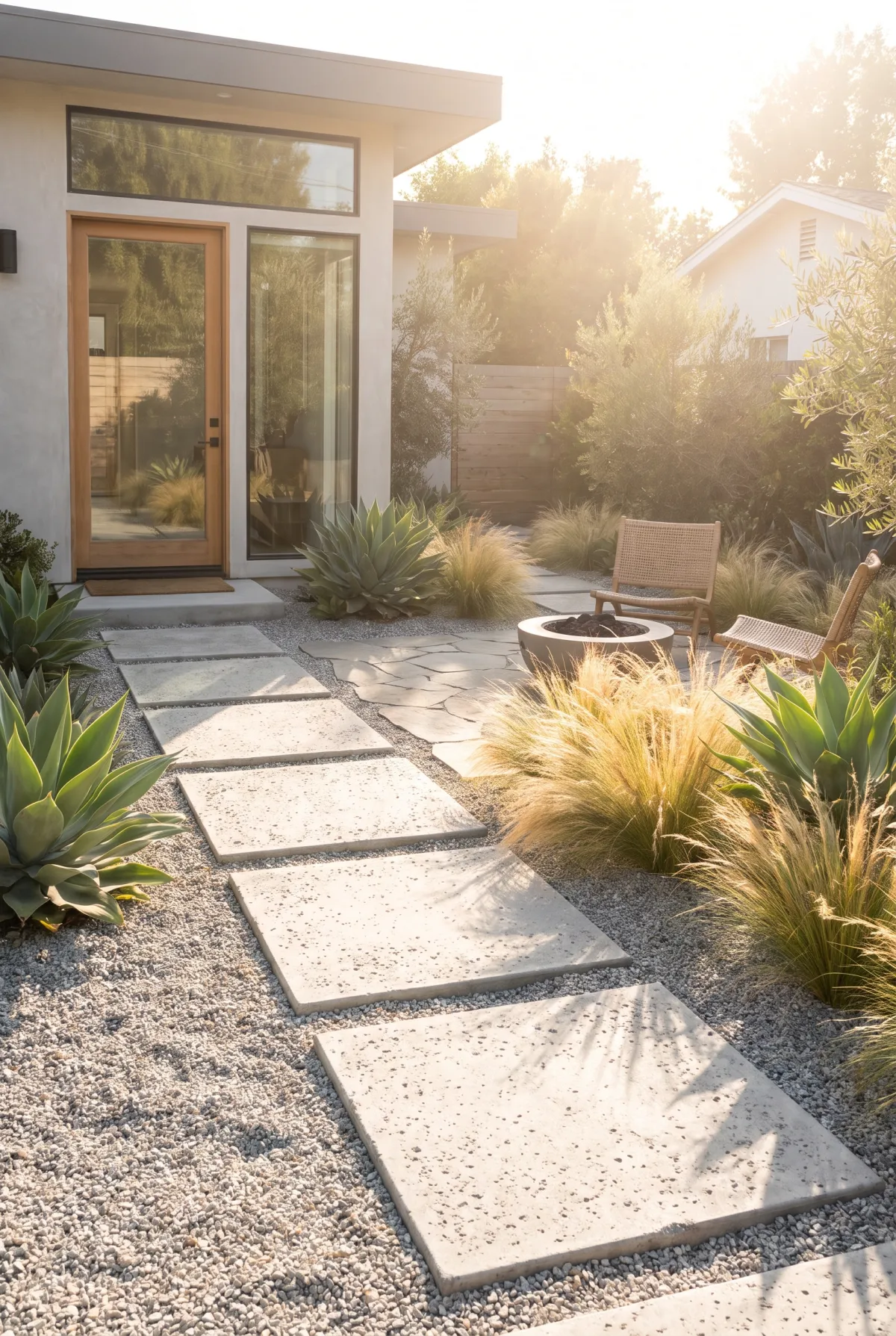 Floating square paver stepping pads set in gravel leading to a patio
