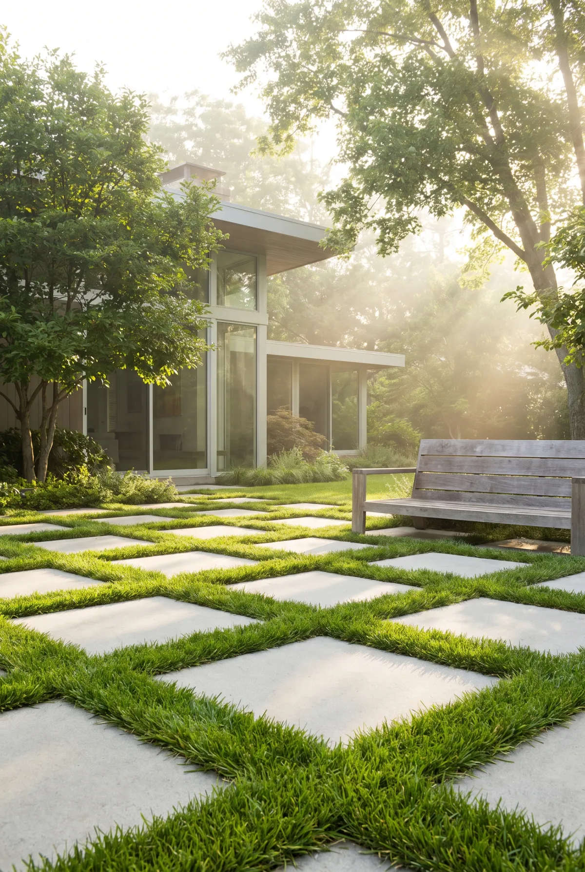 Square pavers with green grass joints forming a checkerboard patio