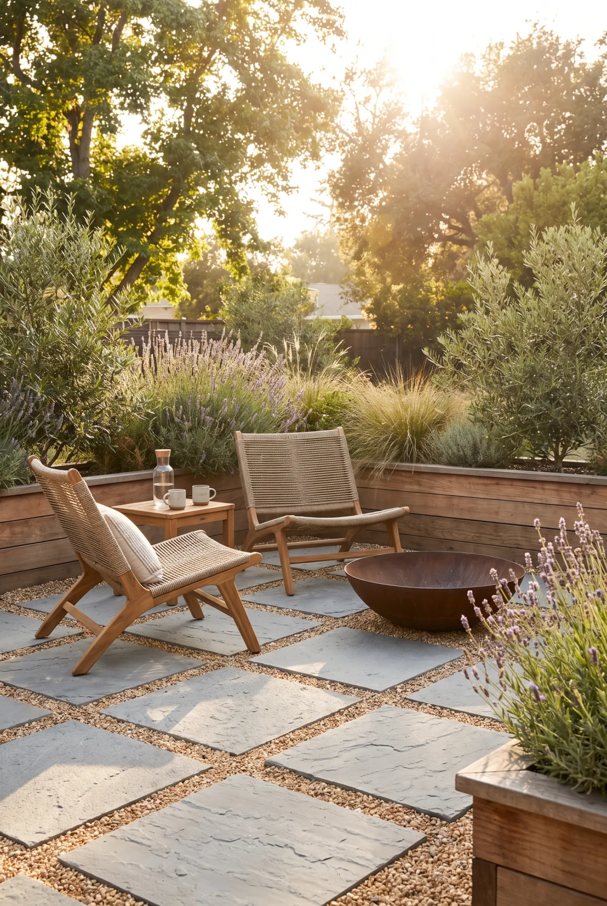 Paver patio grid with pea gravel infill between the stones