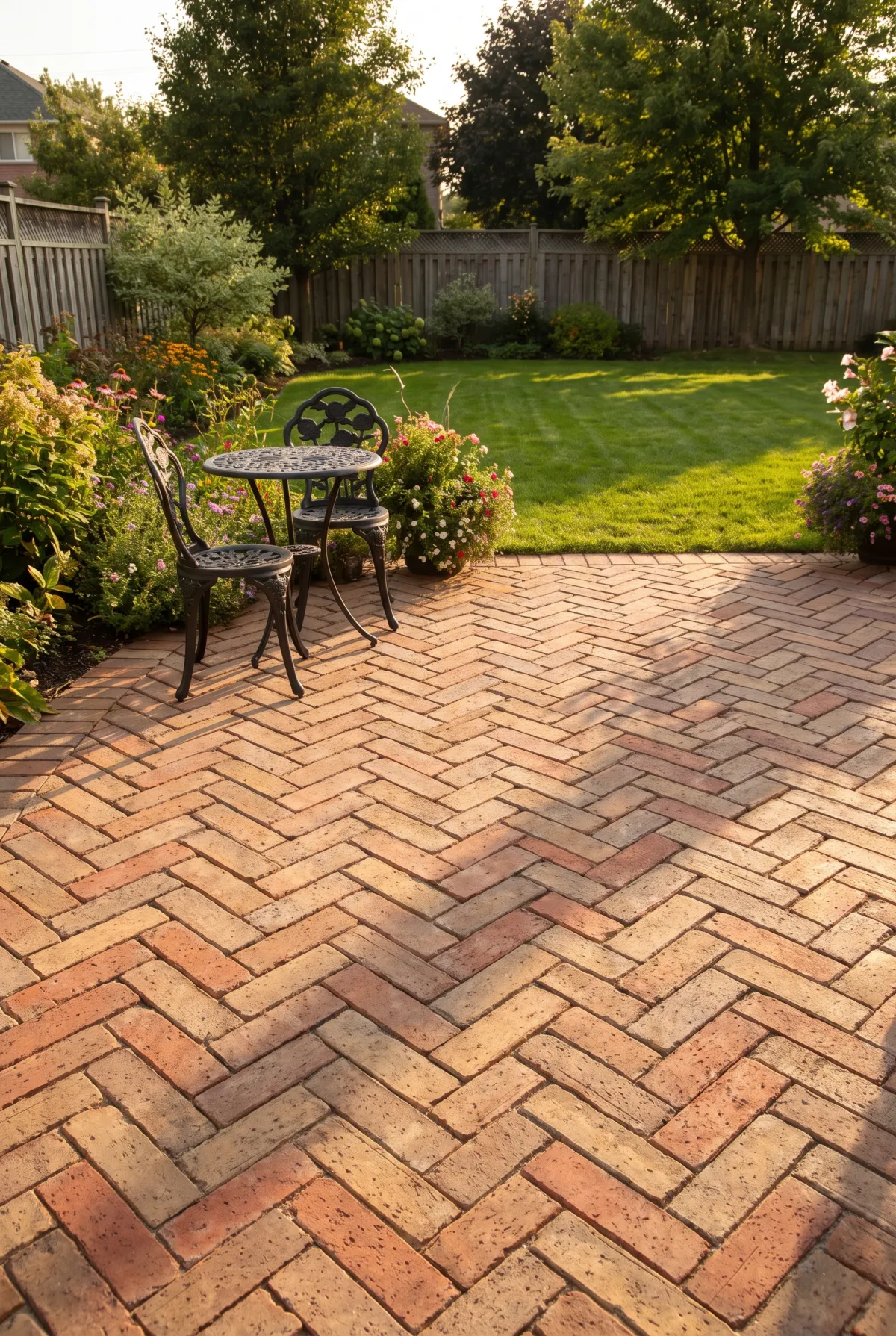 Herringbone paver patio with bistro furniture