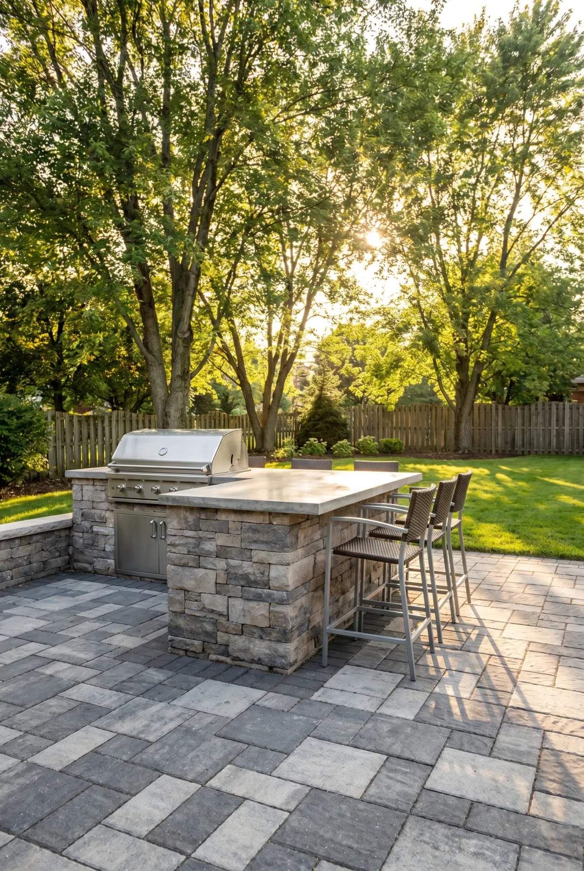 Paver patio with a built-in outdoor kitchen and grill island