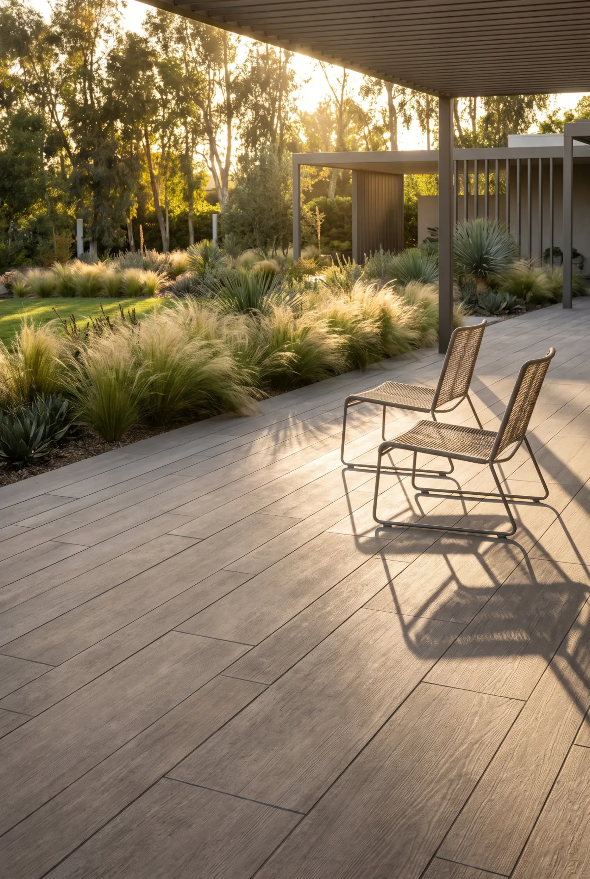 Contemporary patio of long linear plank pavers