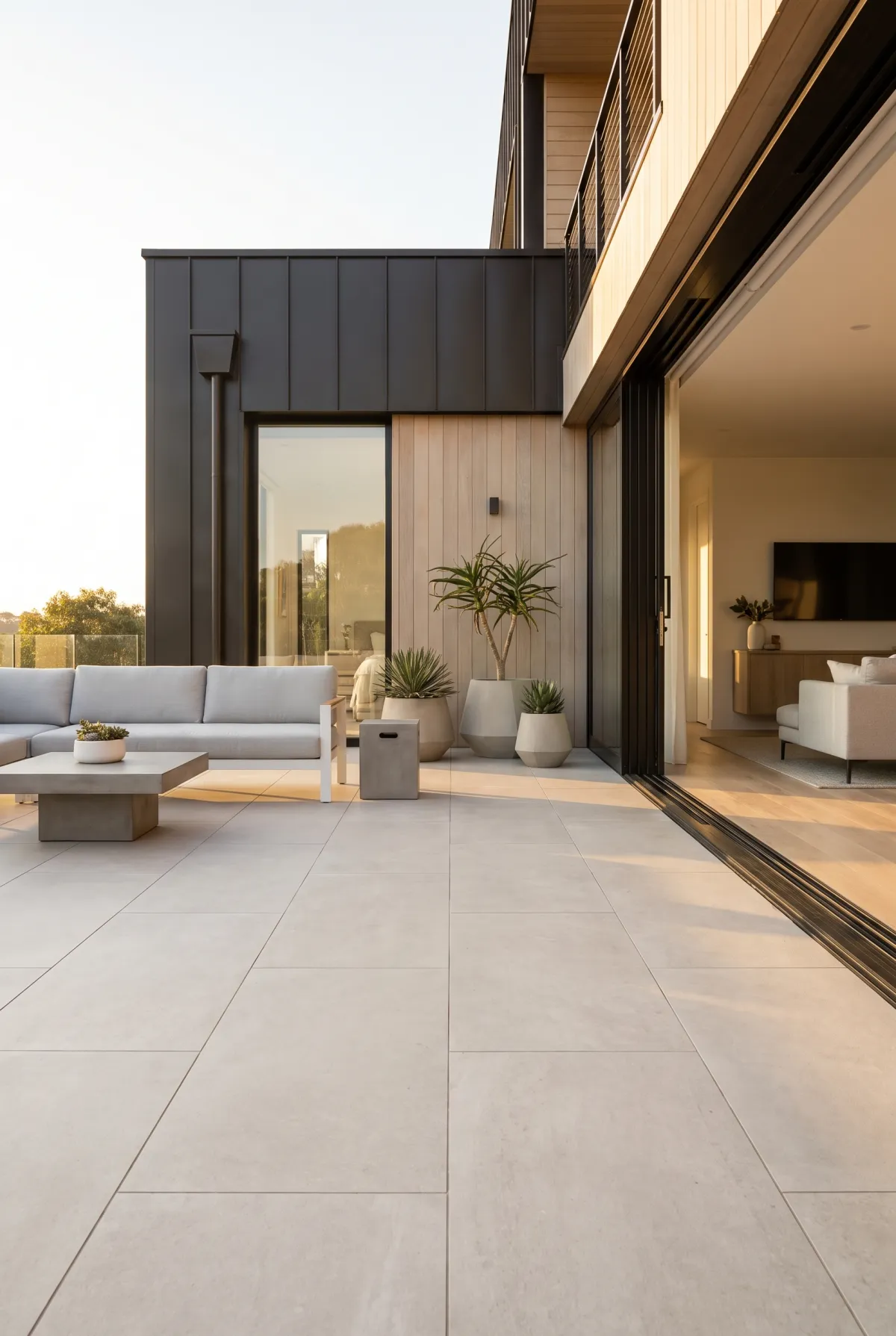 Modern patio of smooth large porcelain-look pavers with tight joints