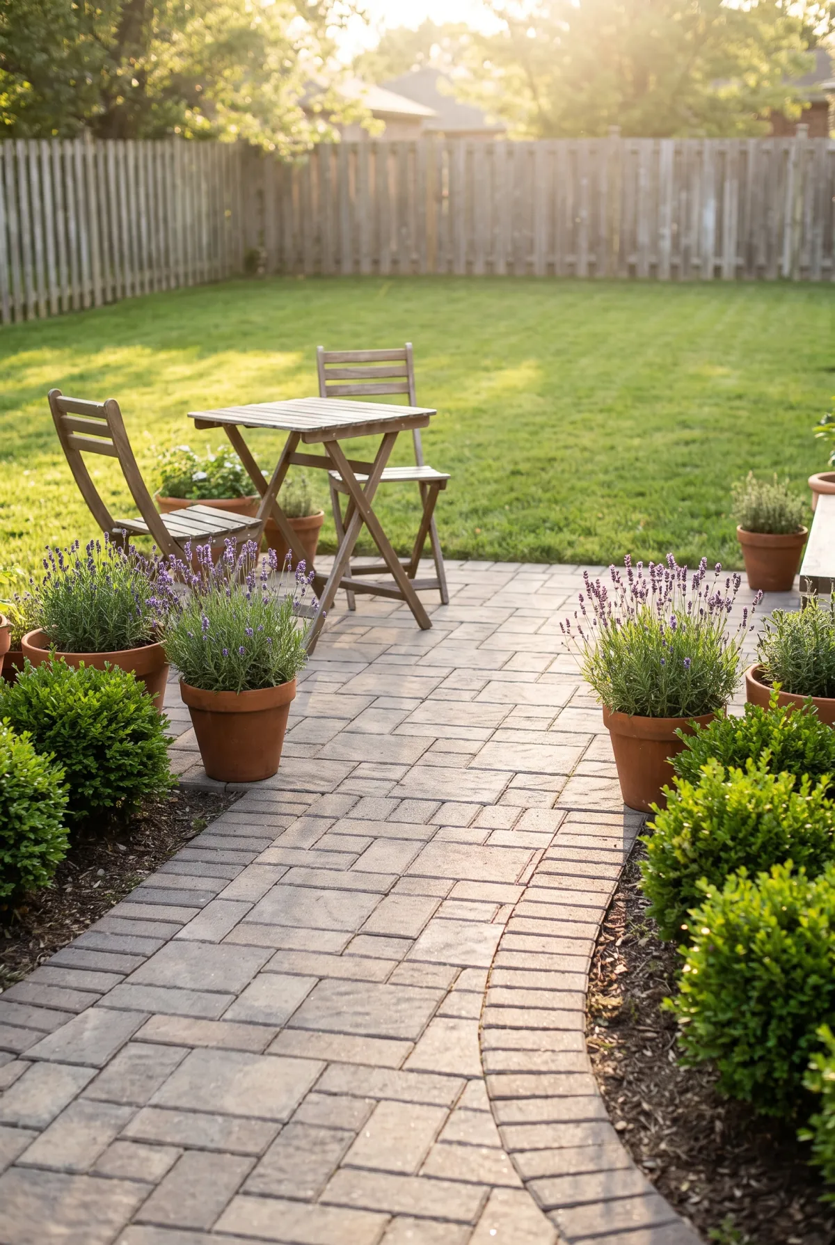 Running bond paver patio with offset rows and outdoor furniture