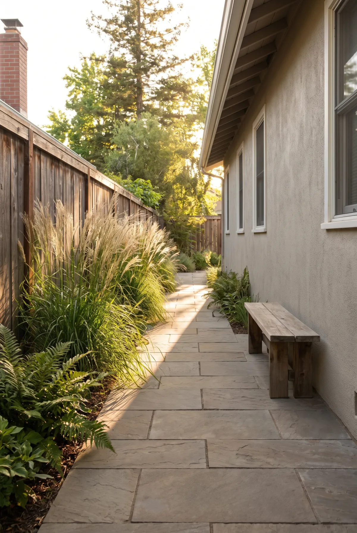 Narrow side-yard paver patio with a bench along a fence