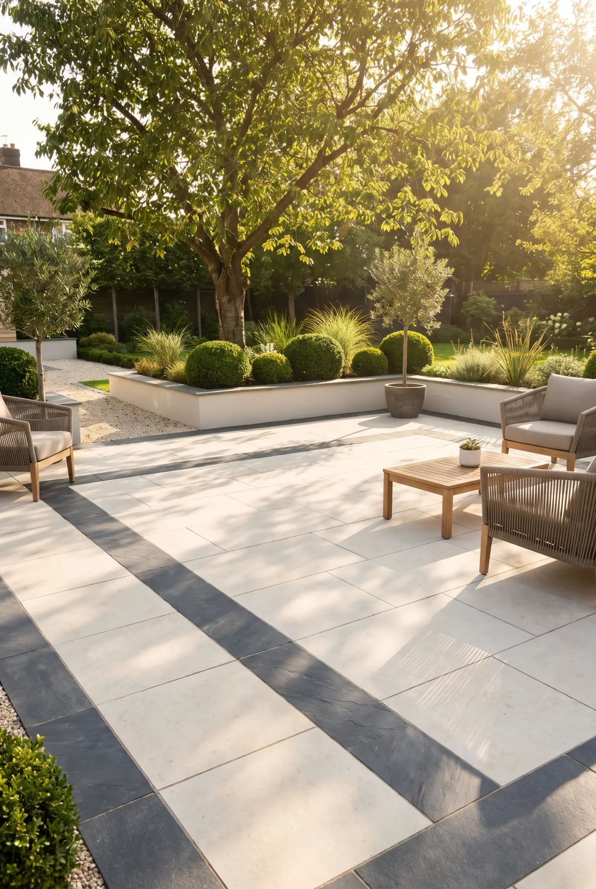 Two-tone paver patio with charcoal accent bands in a light field