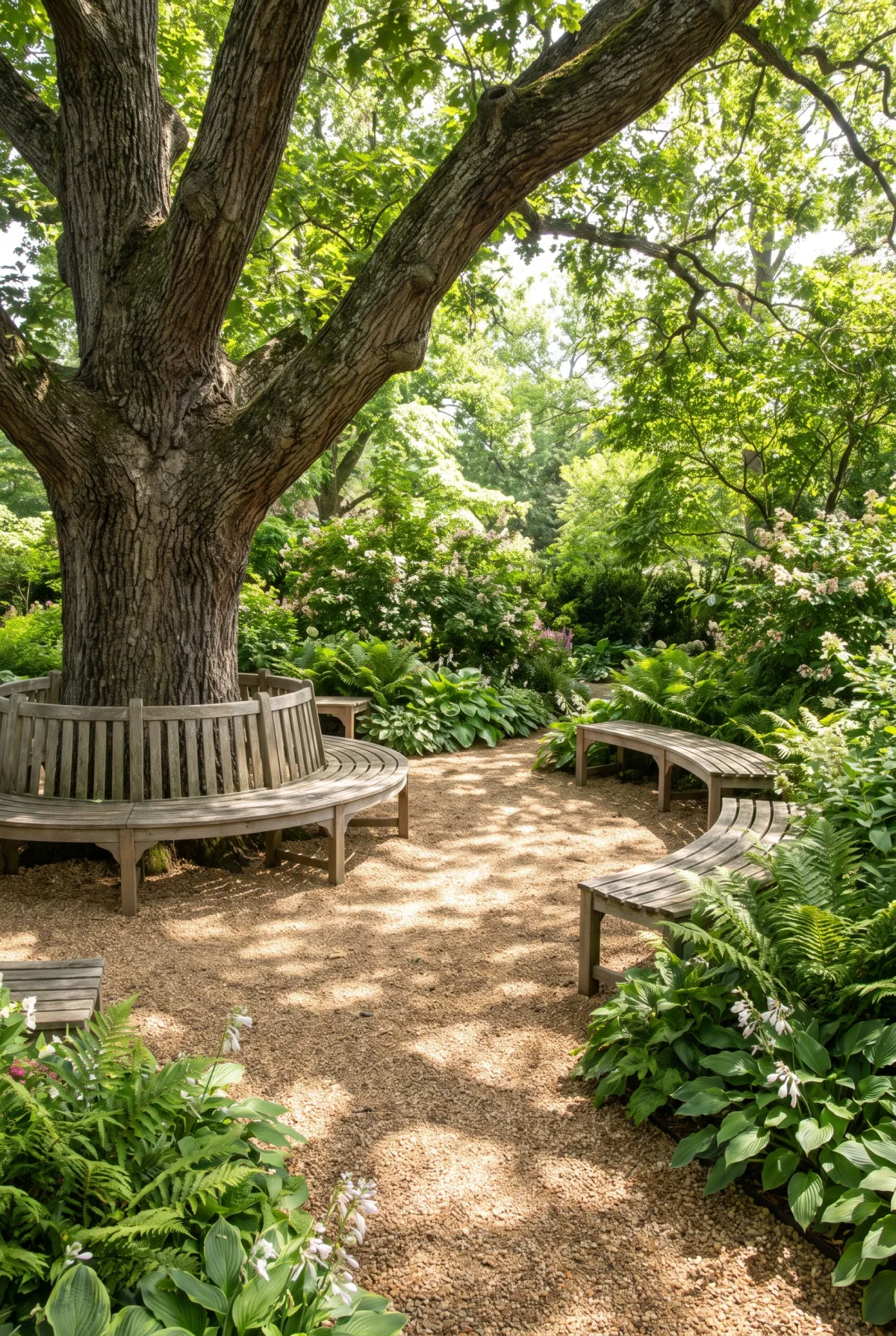 Circular pea gravel patio around a tree with curved bench seating