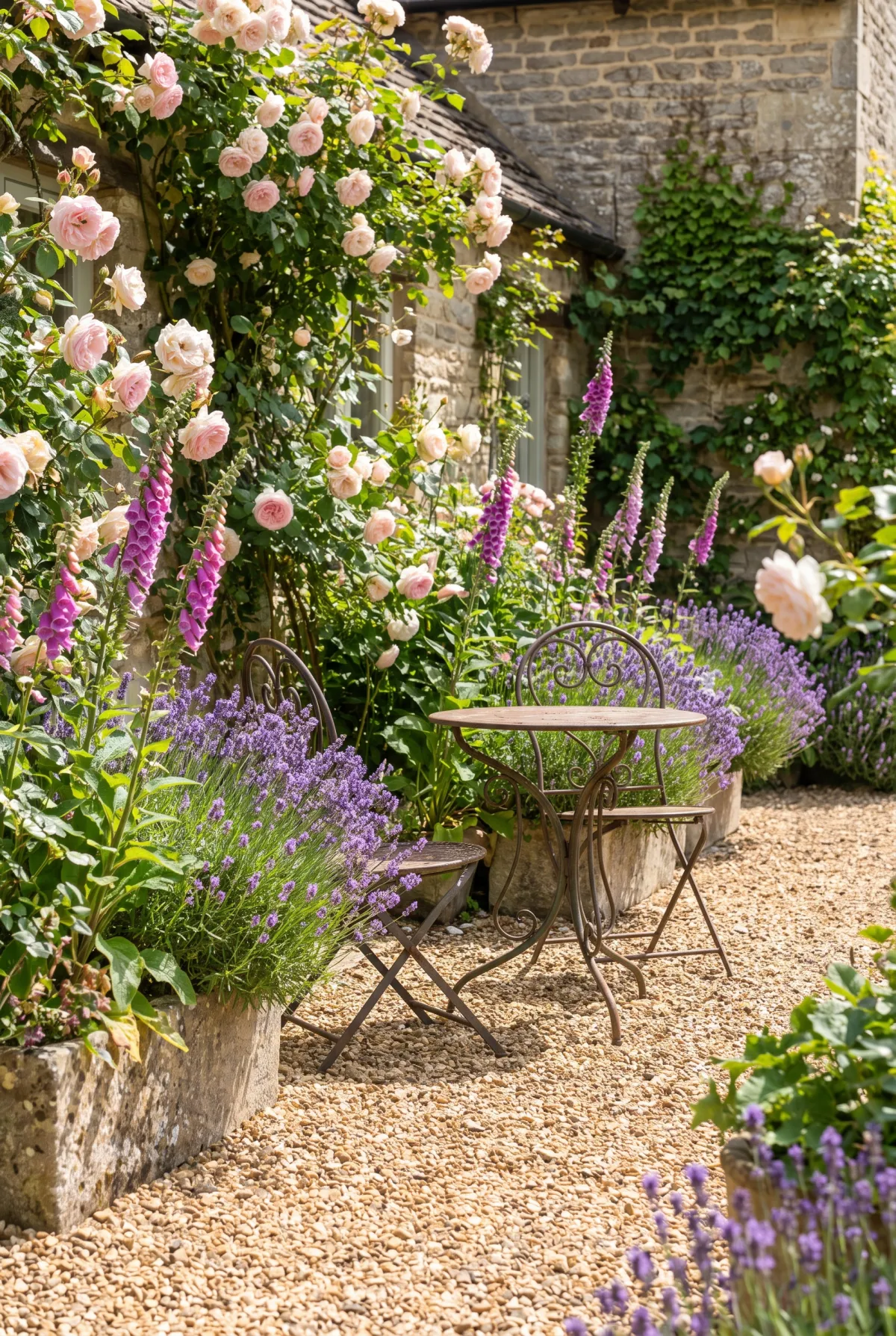 English cottage pea gravel patio surrounded by blooming flowers