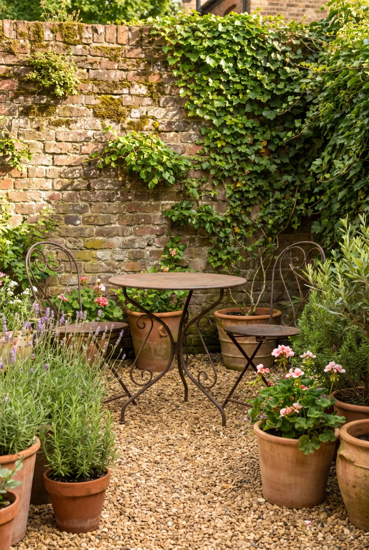 Small courtyard pea gravel patio with a bistro set and potted plants