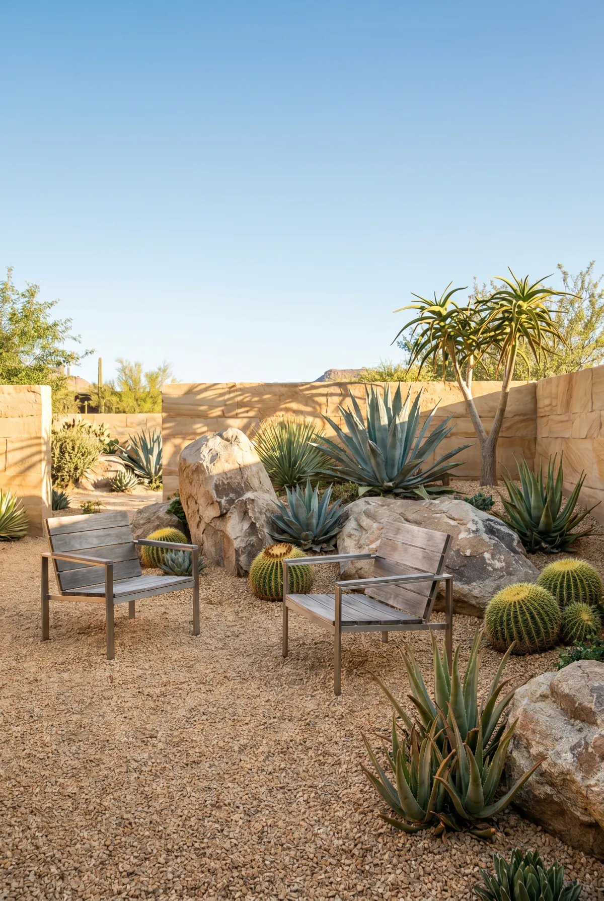 Desert xeriscape pea gravel patio with agave, succulents and boulders