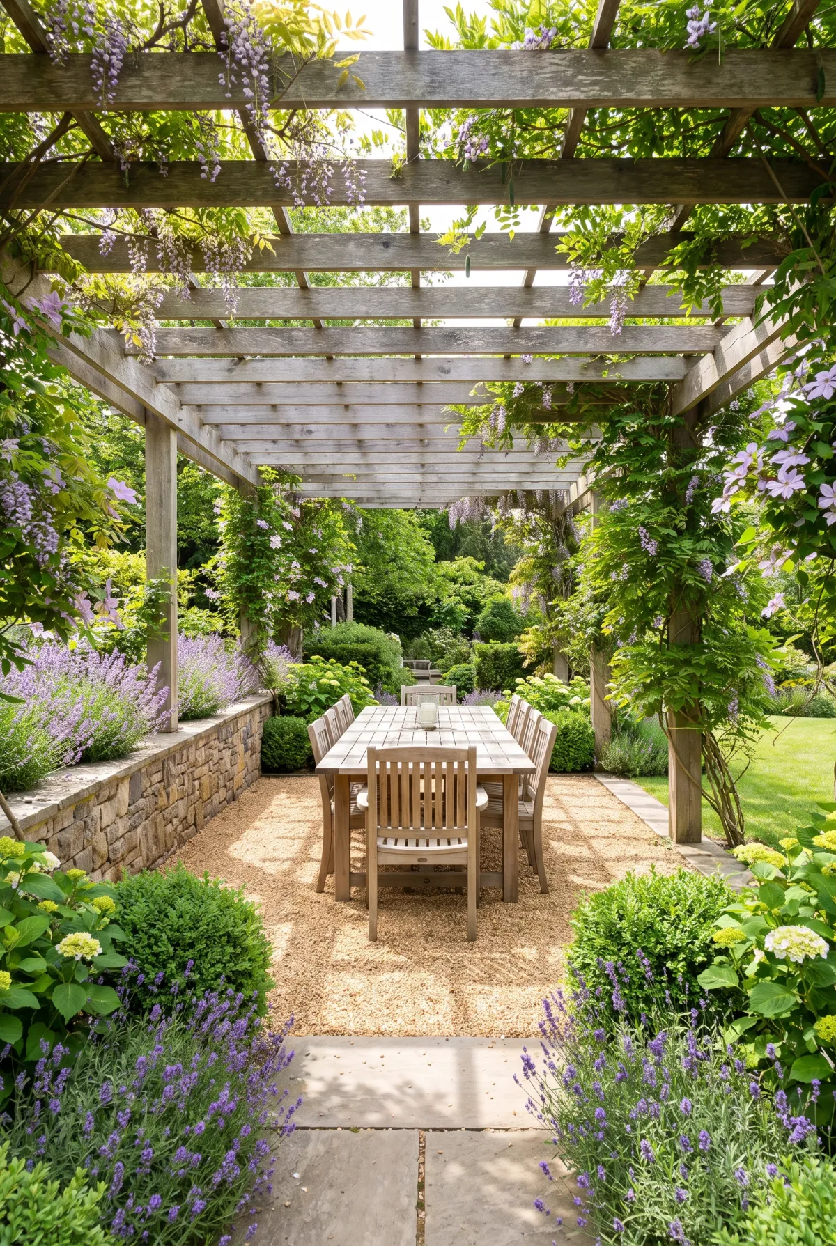 Pea gravel dining patio under a vine-covered wooden pergola