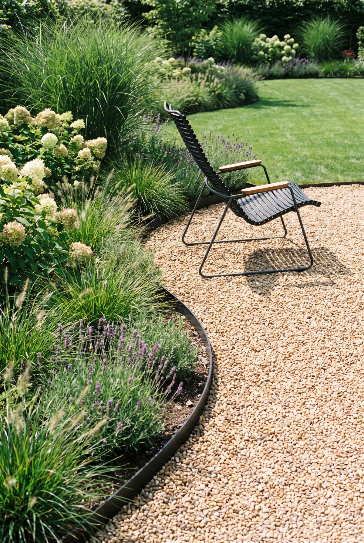 Pea gravel patio with black steel edging separating it from a lawn