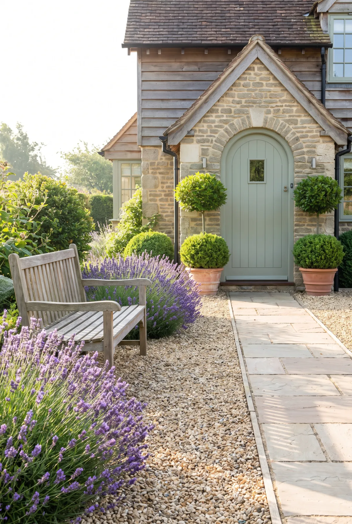 Front-entry pea gravel courtyard with a bench, lavender and boxwood