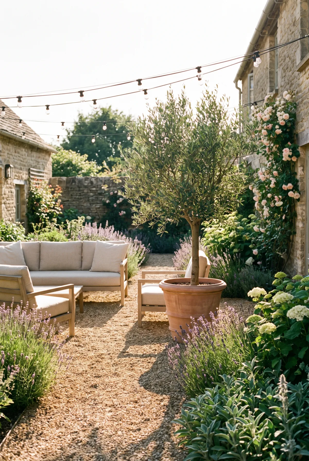 Pea gravel patio lounge with a low sofa and a large potted olive tree