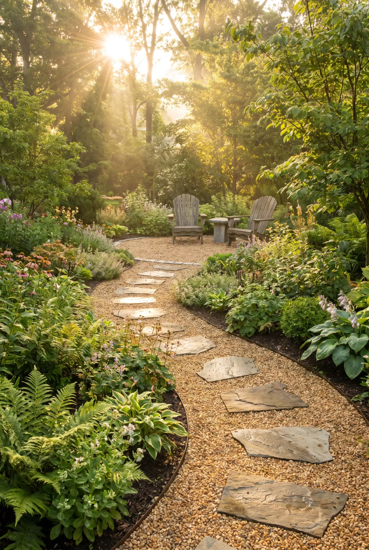Pea gravel garden path with flagstone stepping stones between beds