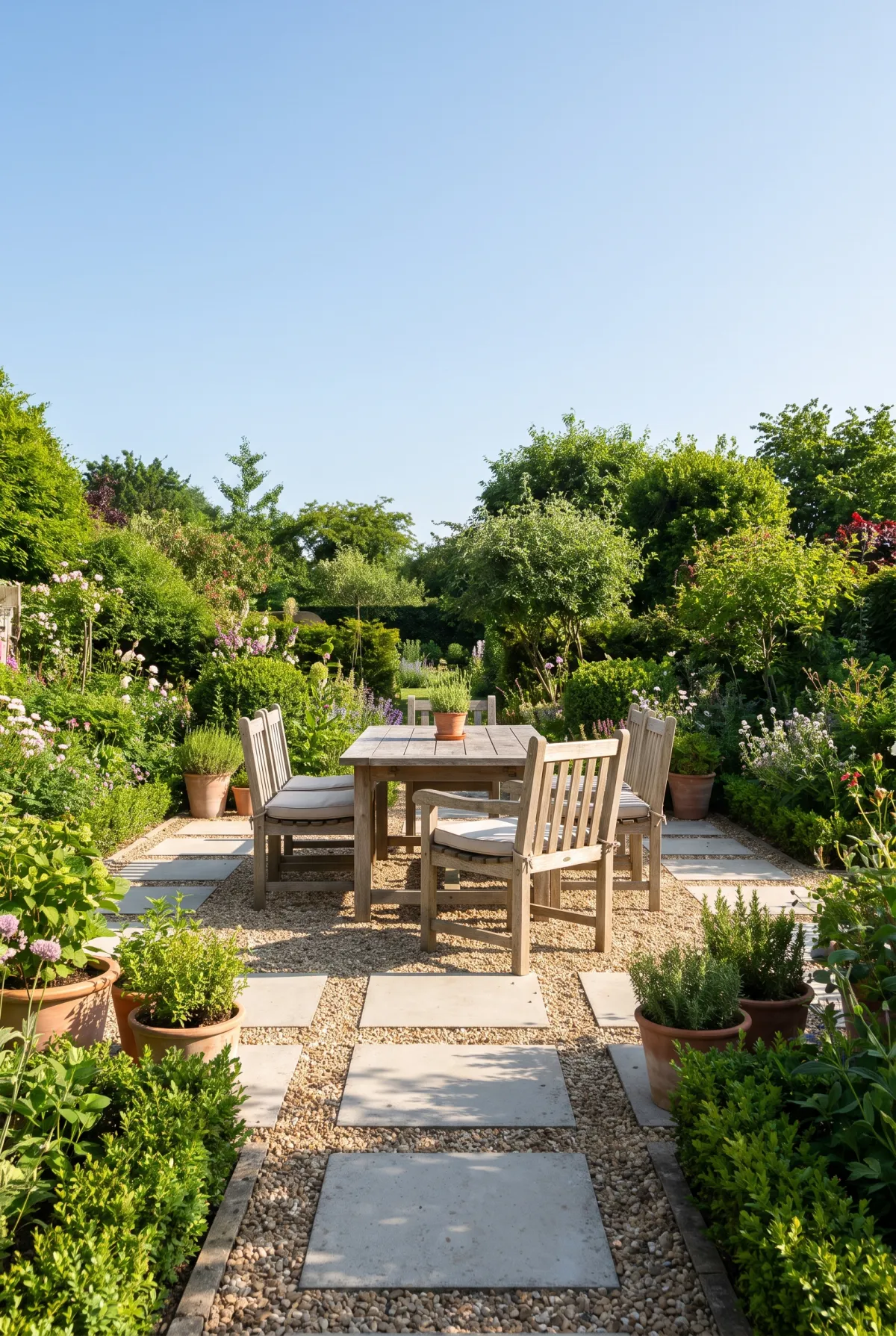 Pea gravel and paver patio in a checkerboard grid with a dining set