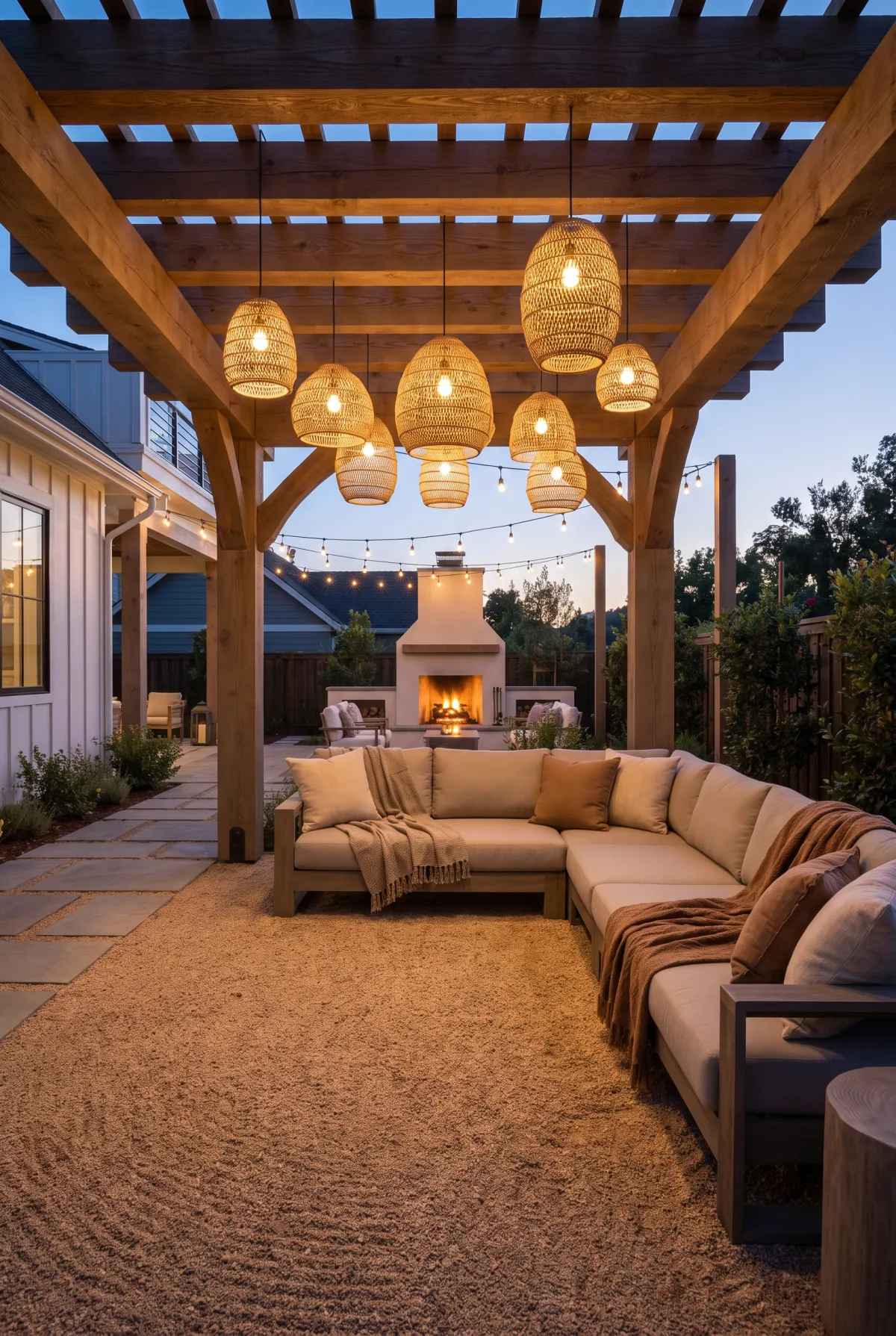 Covered pea gravel patio under a pergola with a sofa and lanterns at dusk