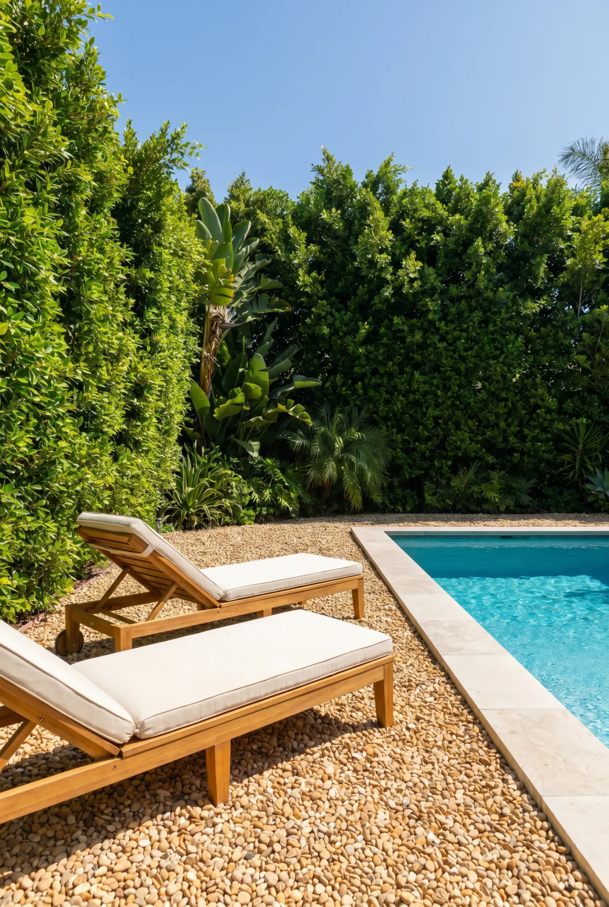 Pea gravel lounge beside a modern swimming pool with sun loungers