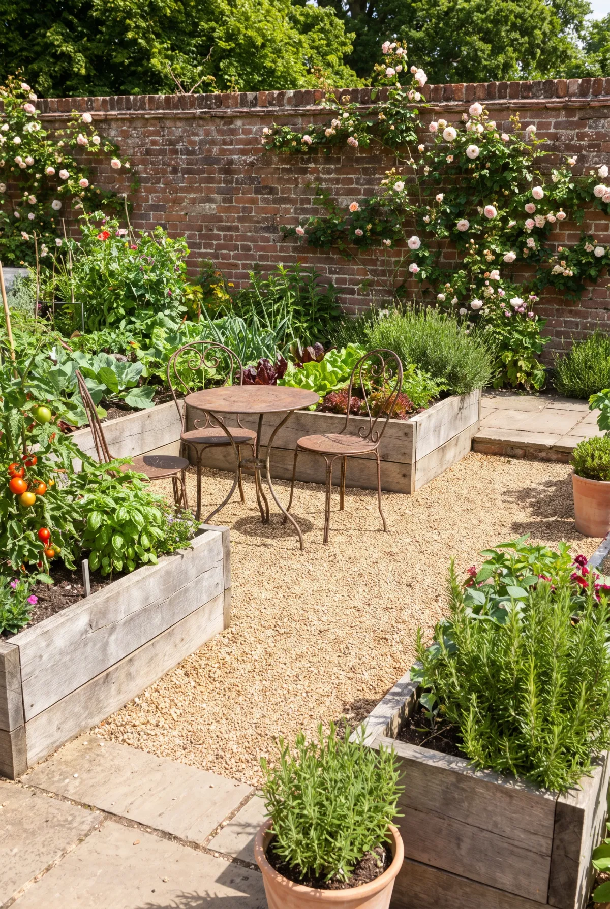 Pea gravel patio surrounded by wooden raised vegetable beds