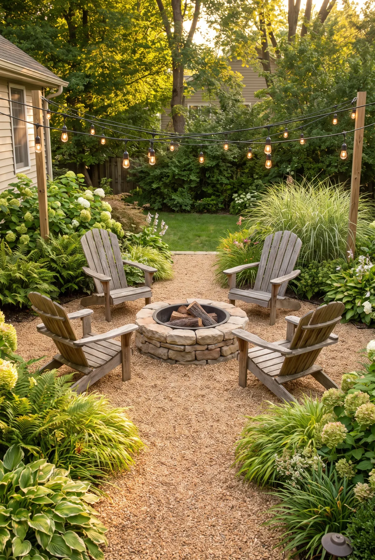 Rustic pea gravel patio with a stone fire pit and wooden chairs