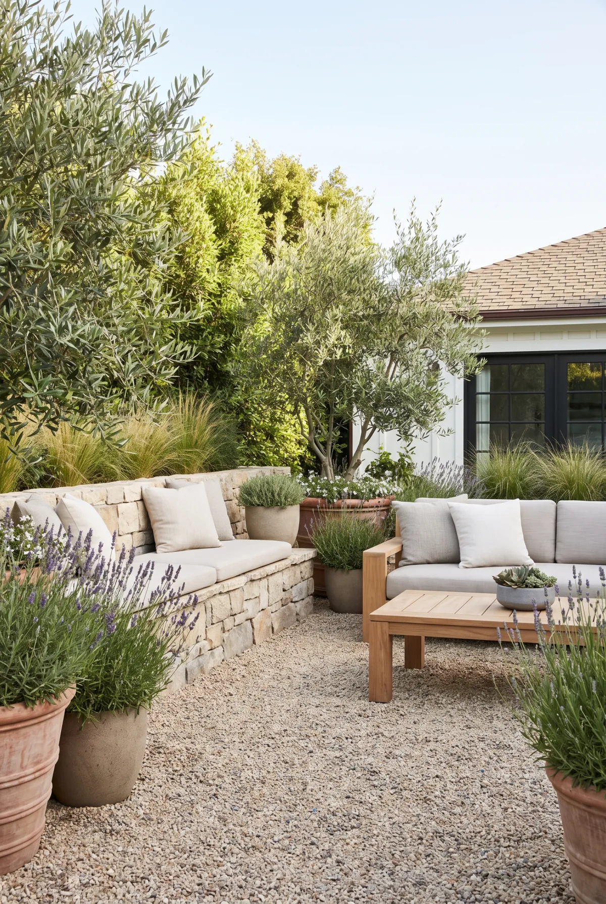 Pea gravel patio with a built-in stone seating wall and a sofa