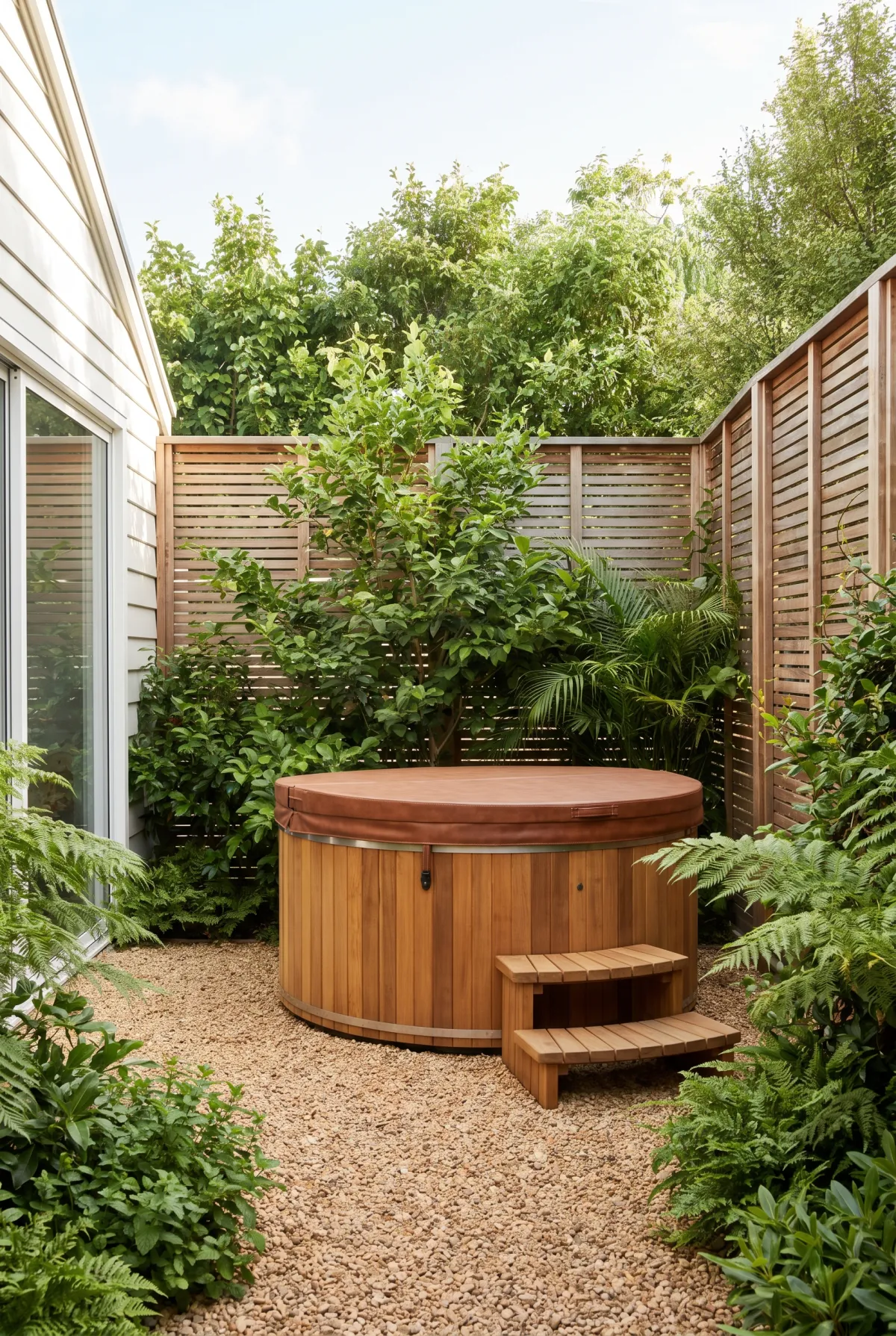 Pea gravel patio with a wooden hot tub surrounded by greenery