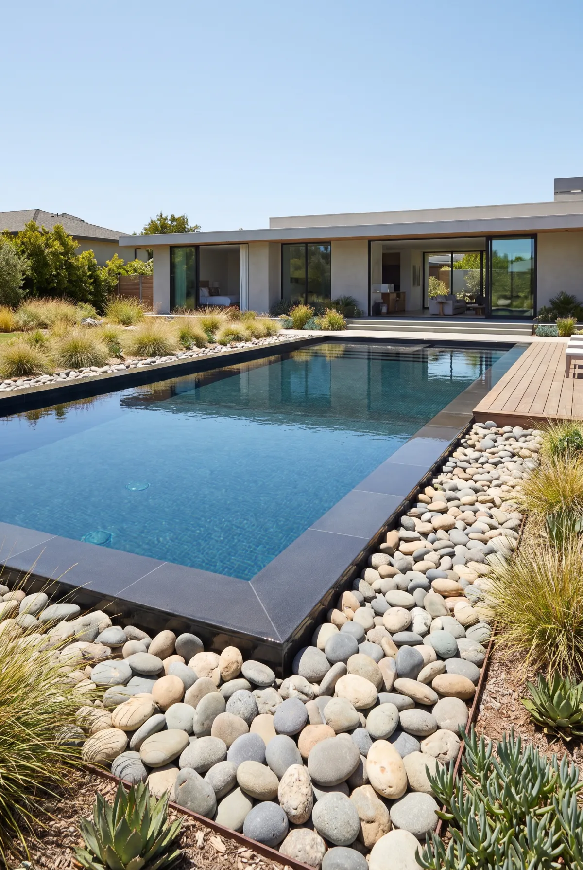 River rock landscaping bordering a modern swimming pool