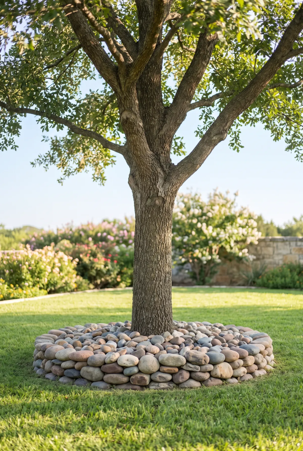Ring of river rock around a mature tree in a lawn