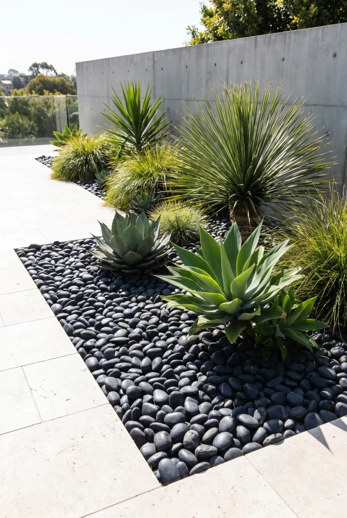 Modern bed of black river rock with green plants