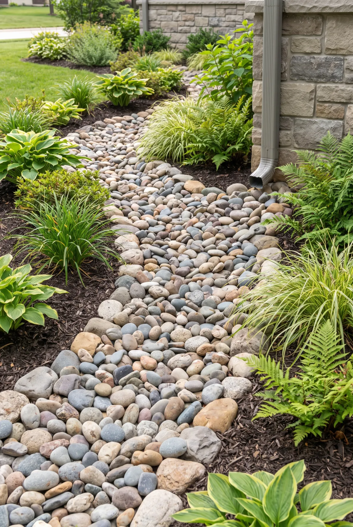River rock landscaping channeling water from a downspout