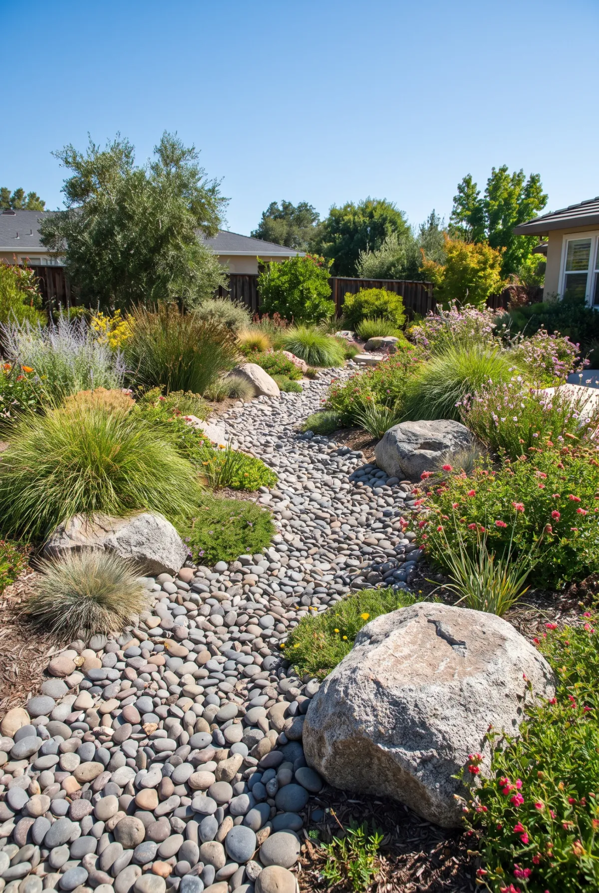 Dry creek bed of river rock winding through a backyard