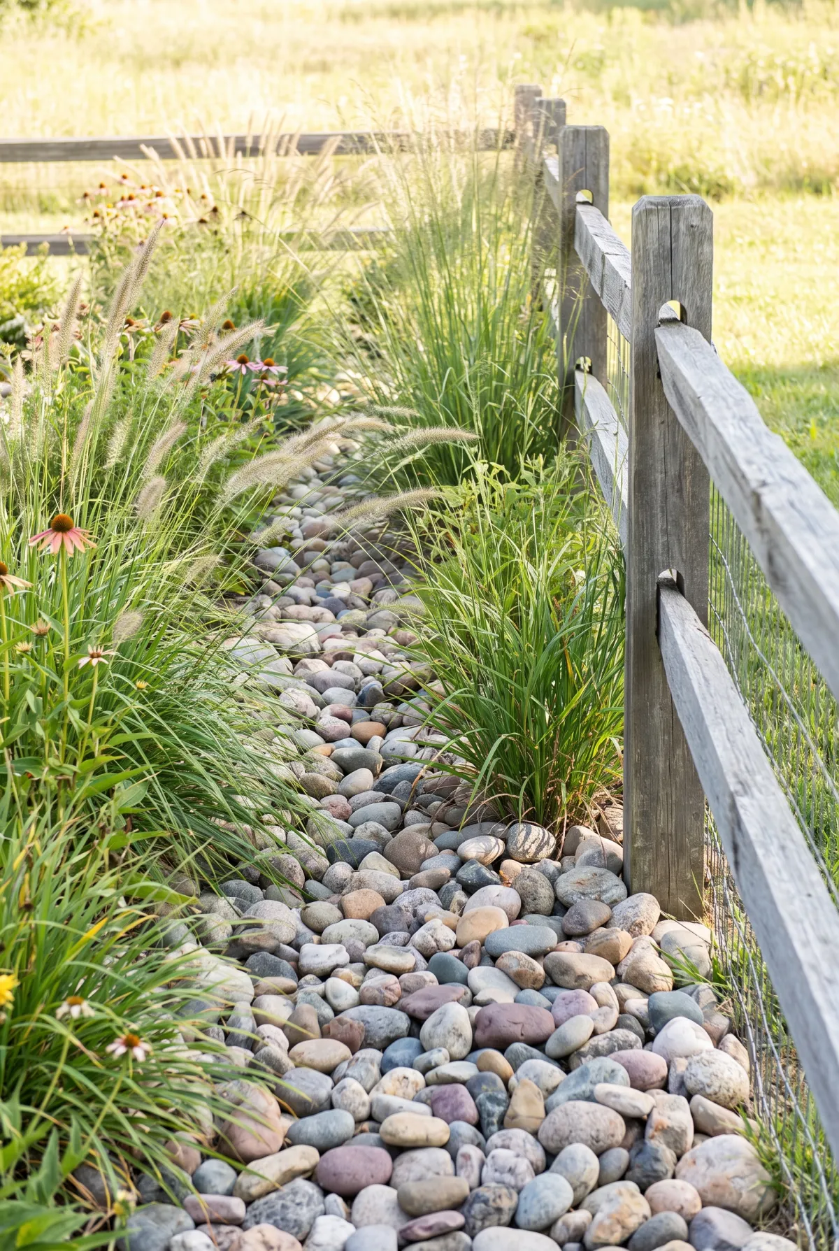 River rock border strip along a wooden fence