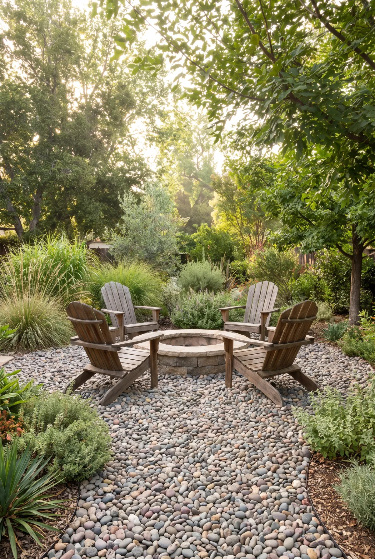 River rock groundcover around a backyard fire pit