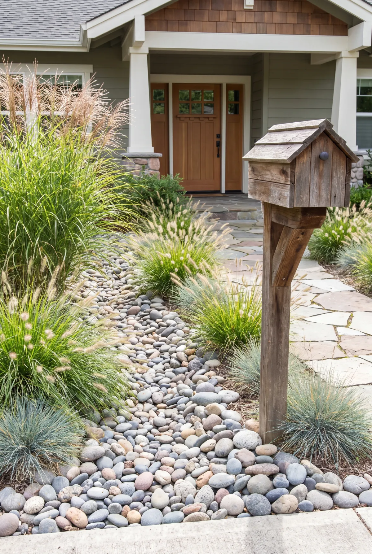 River rock landscaping around a front entry and mailbox