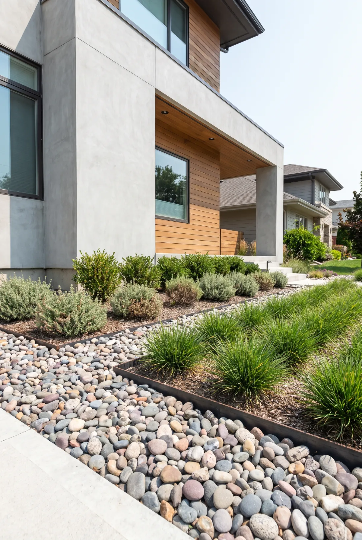 Front-yard river rock landscaping bed along a modern house