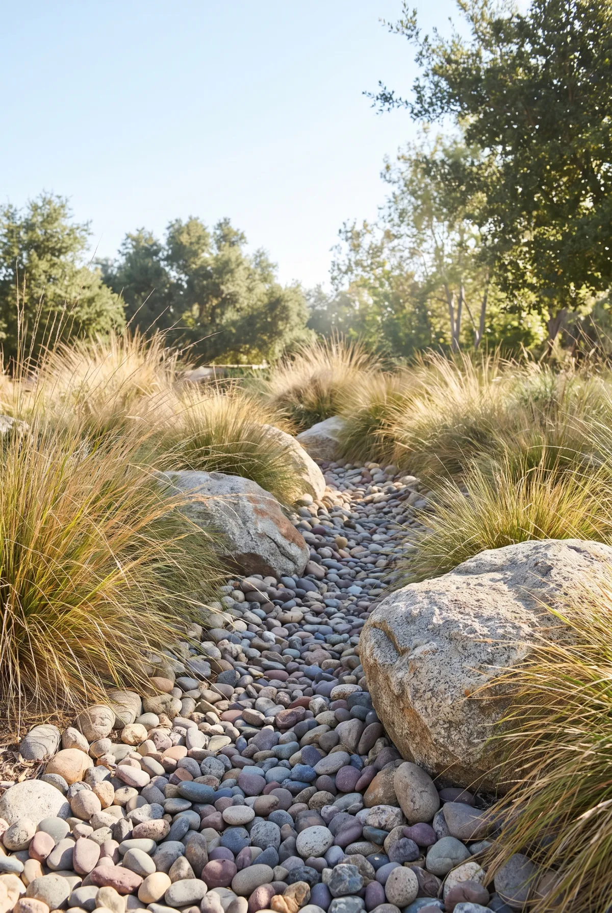 River rock landscaping with ornamental grasses and boulders