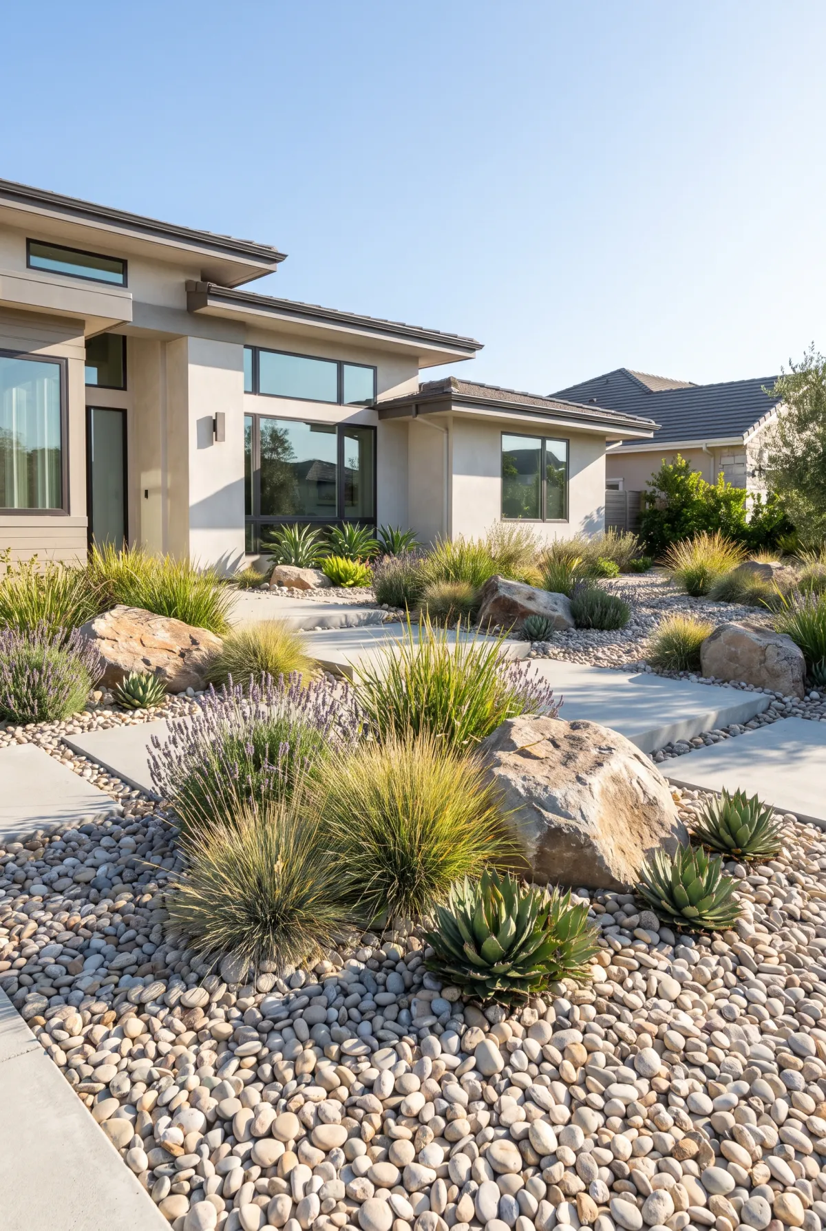 Low-maintenance river rock front yard with no lawn