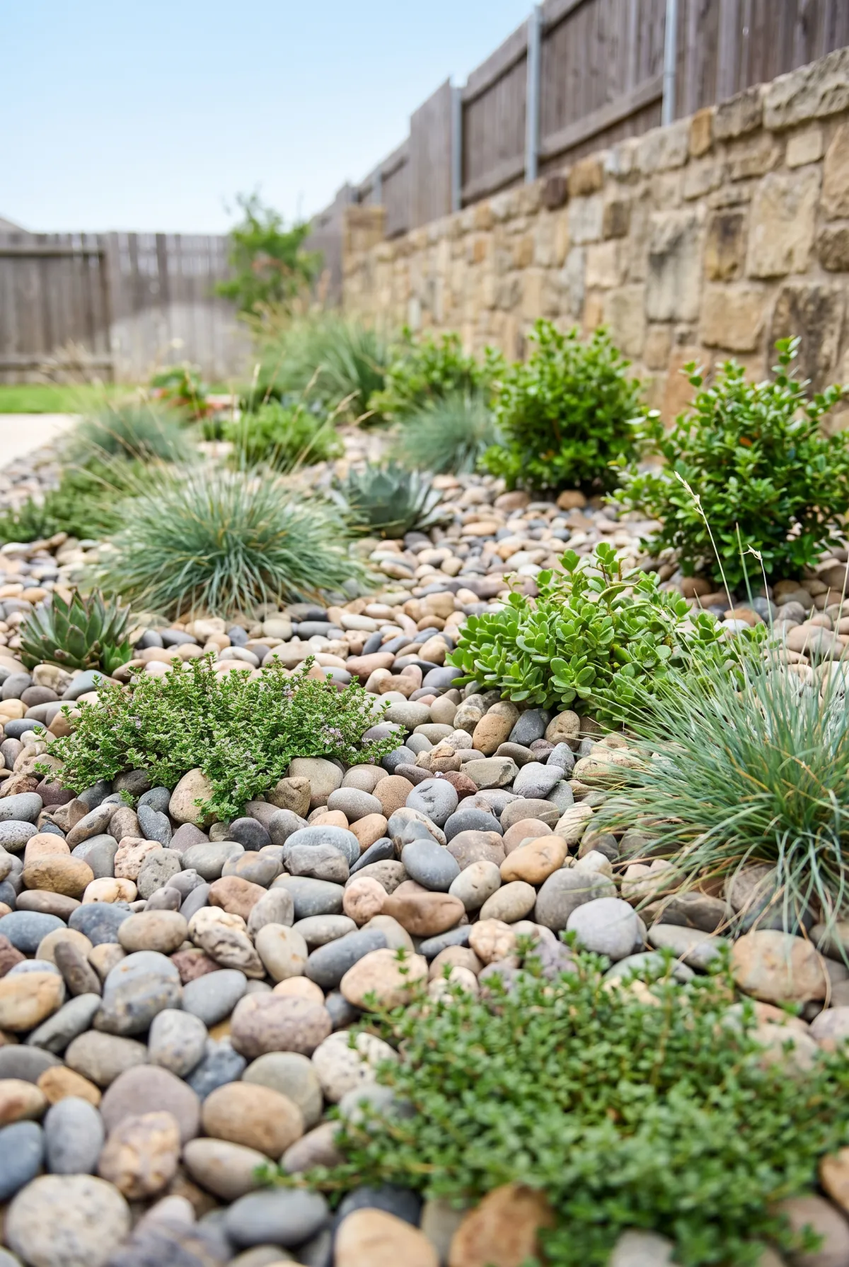 Bed of mixed multicolor river rock with low plantings