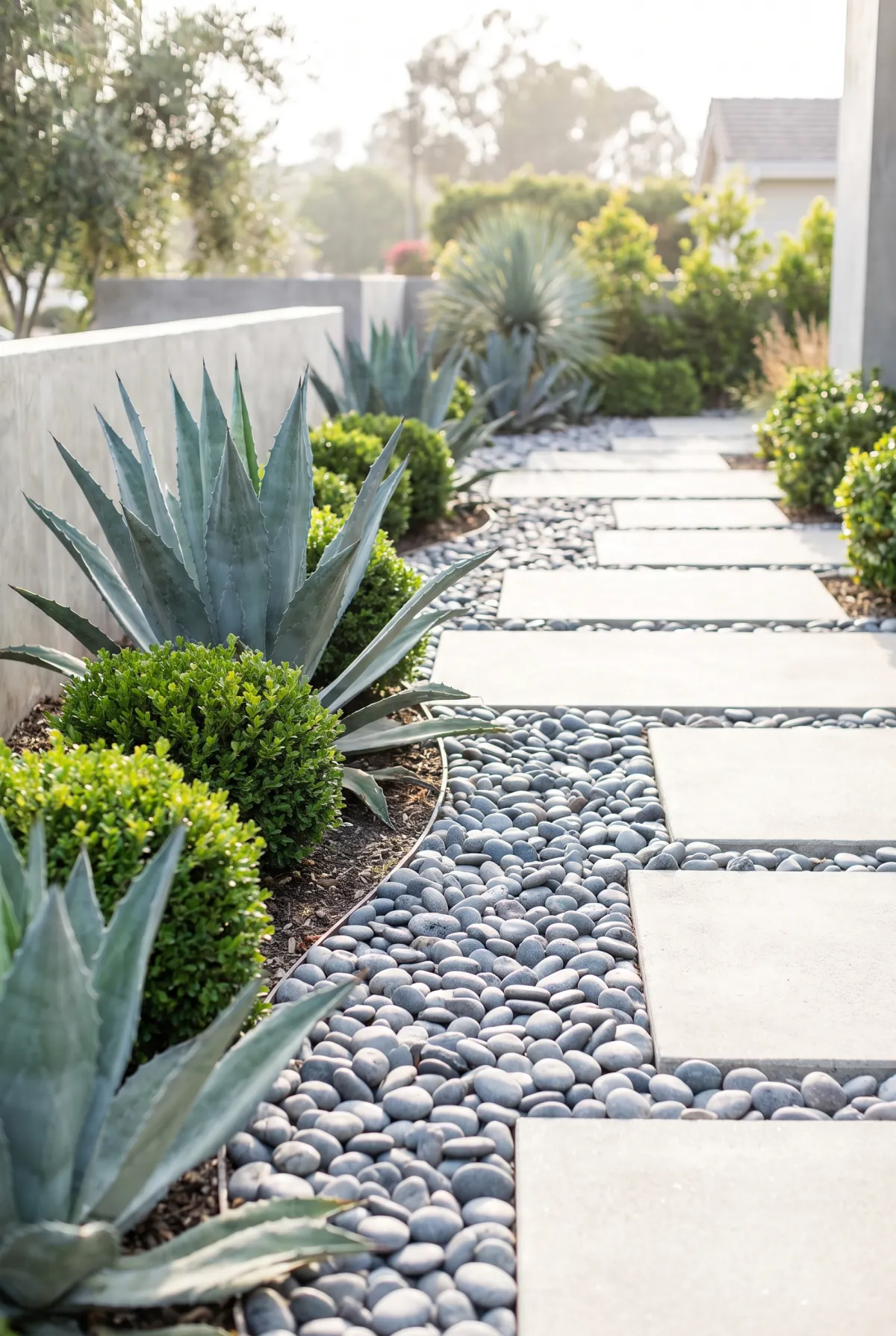 Modern river rock strip along a walkway with architectural plants