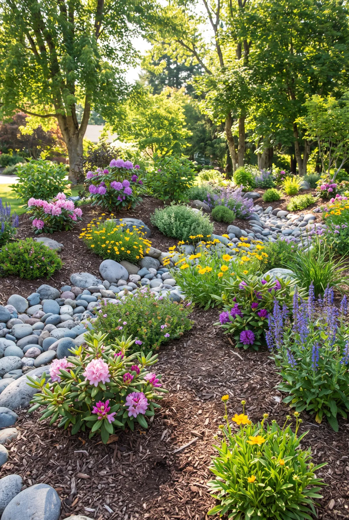 Landscaped bed mixing river rock and dark mulch