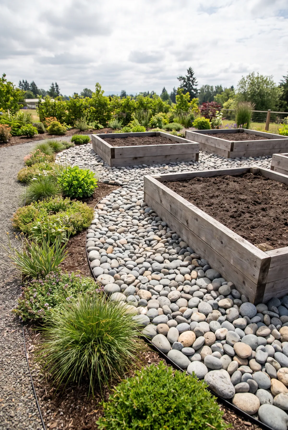 River rock used as edging around raised garden beds