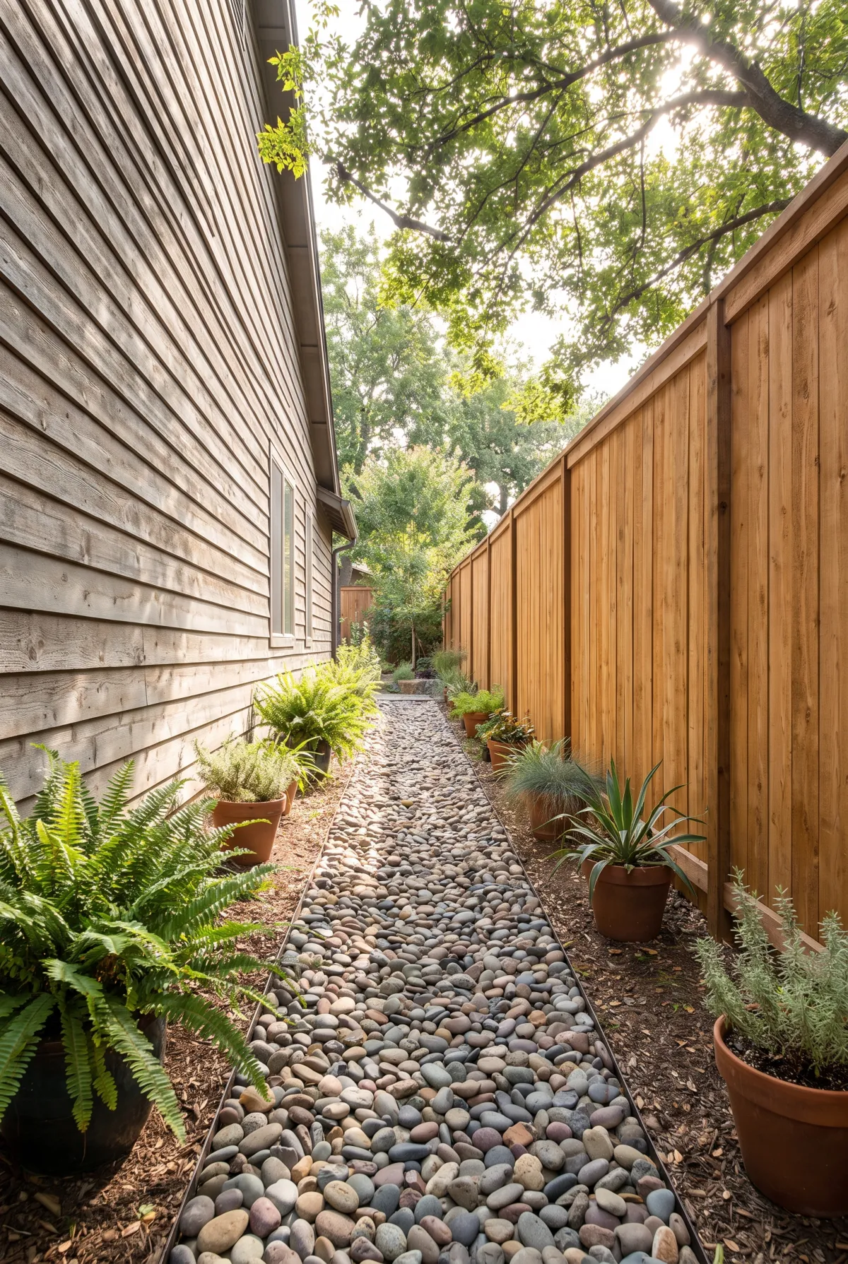Narrow side-yard river rock drainage strip