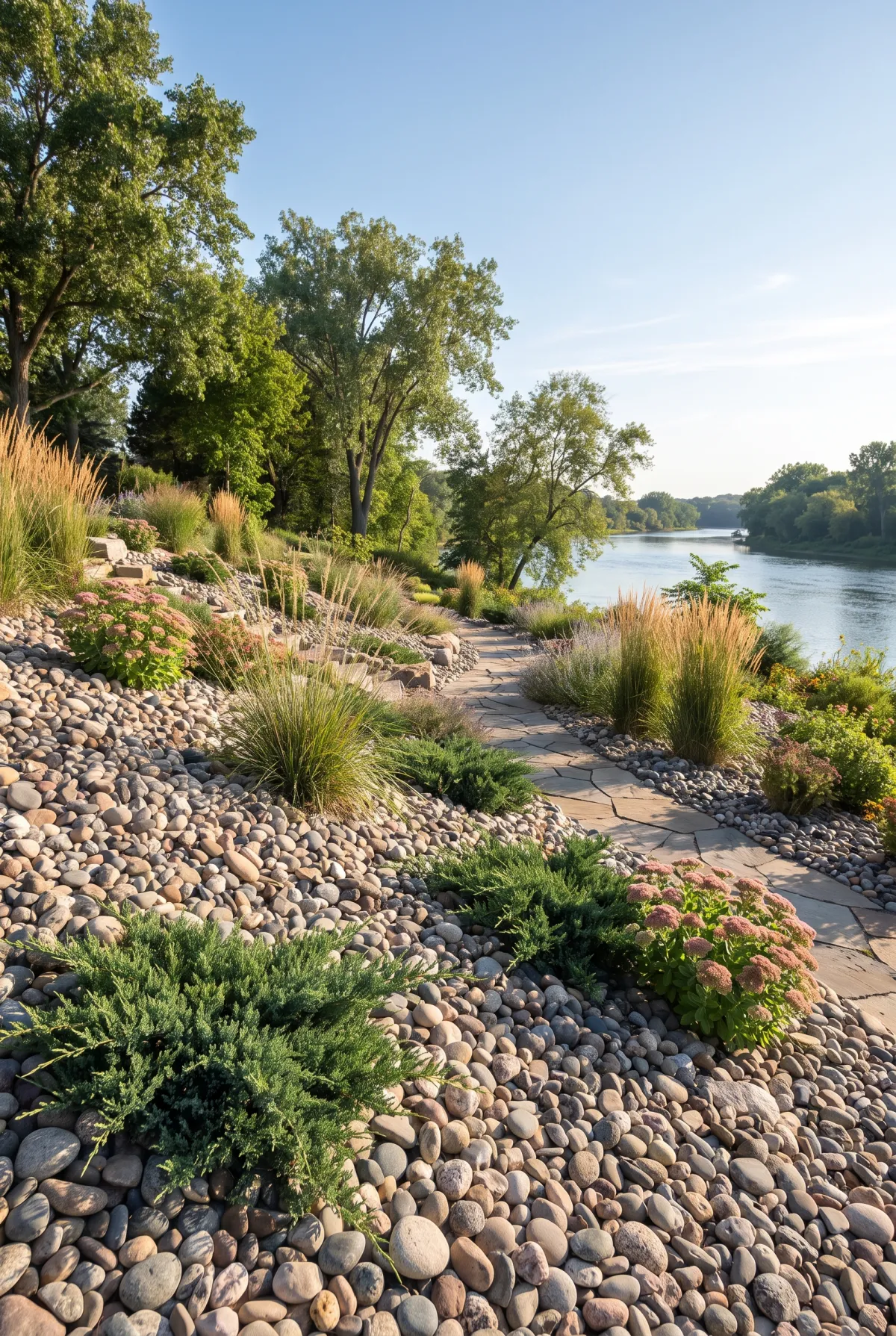 River rock covering a landscaped slope for erosion control