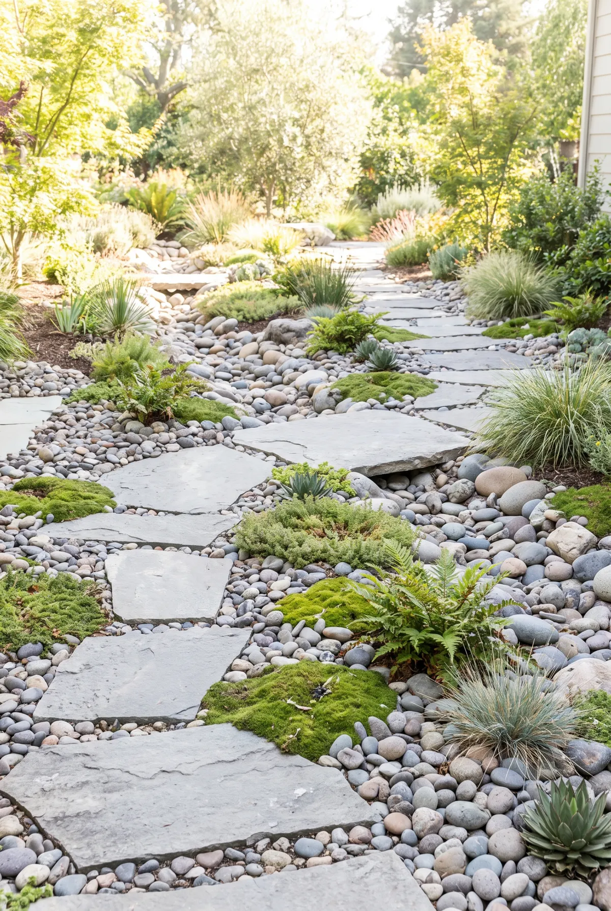 River rock garden with flat stepping stones