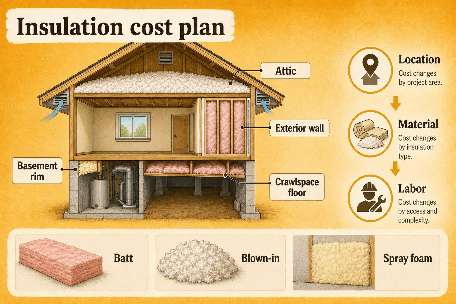 Insulation cost planning guide showing attic, exterior wall, basement rim, crawlspace floor, batt, blown-in, and spray foam cost drivers.