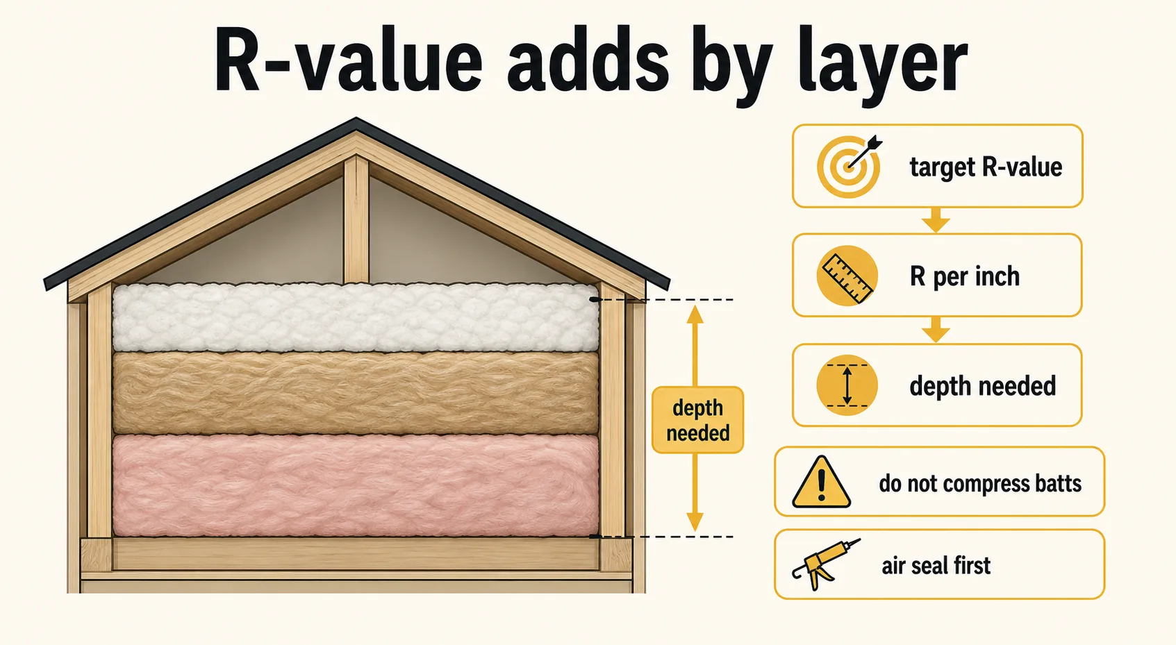 Cutaway insulation diagram showing target R-value, R per inch, required depth, air sealing first, and not compressing batts.