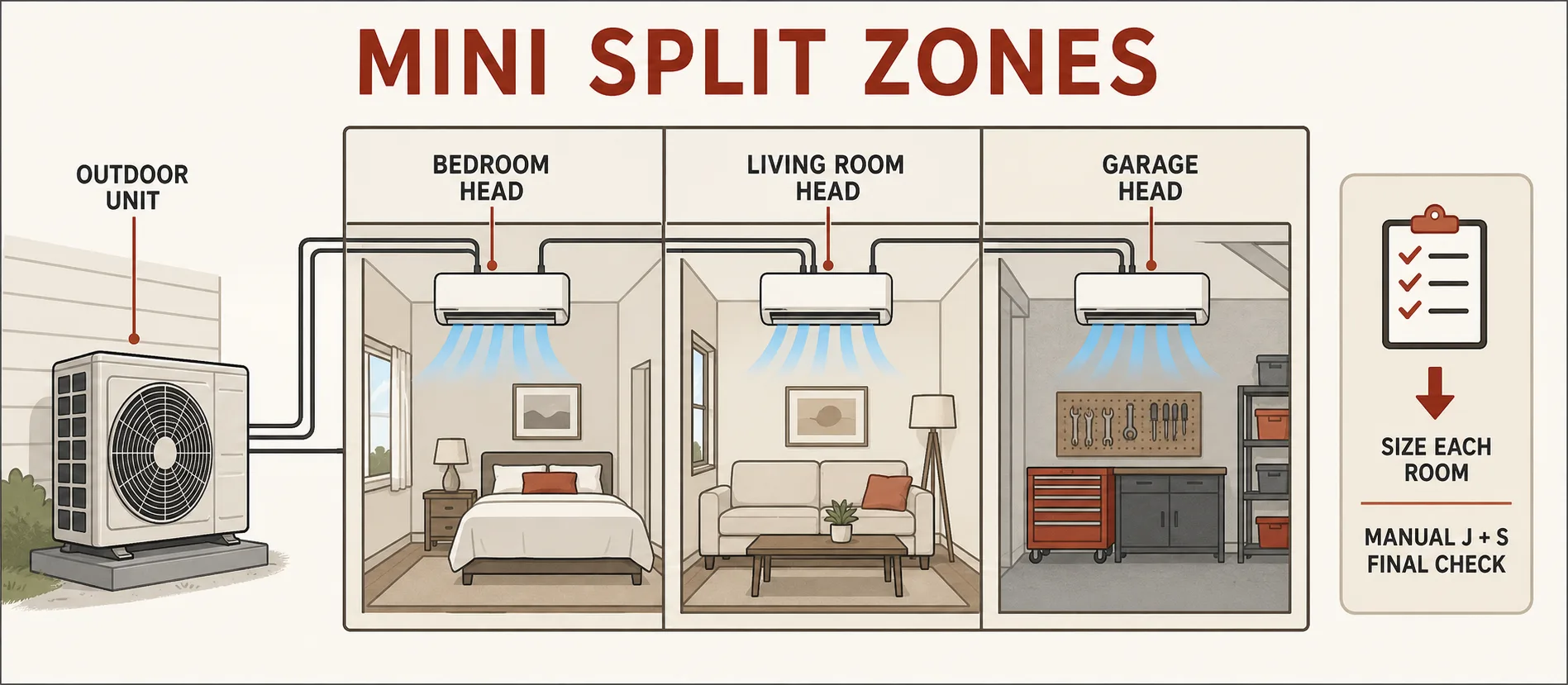 Editorial diagram showing one outdoor mini split unit connected to bedroom, living room, and garage indoor heads, with a note to size each room.